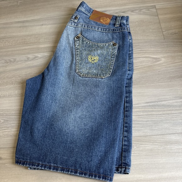 Phat Farm Baggy Fit Hip Hop Blue‎ Denim Jean Shorts Mens 36 Embroidered Gold Y2K - Picture 1 of 14
